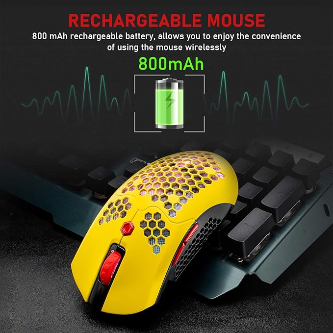 Wireless Gaming Mouse,16 RGB Backlit Ultralight Wireless/Wired Mice with Programmable Driver,Rechargeable 800mA Battery,Pixart 3325 12000 DPI,Lightweight Honeycomb Shell for PC Gamers (Yellow)
