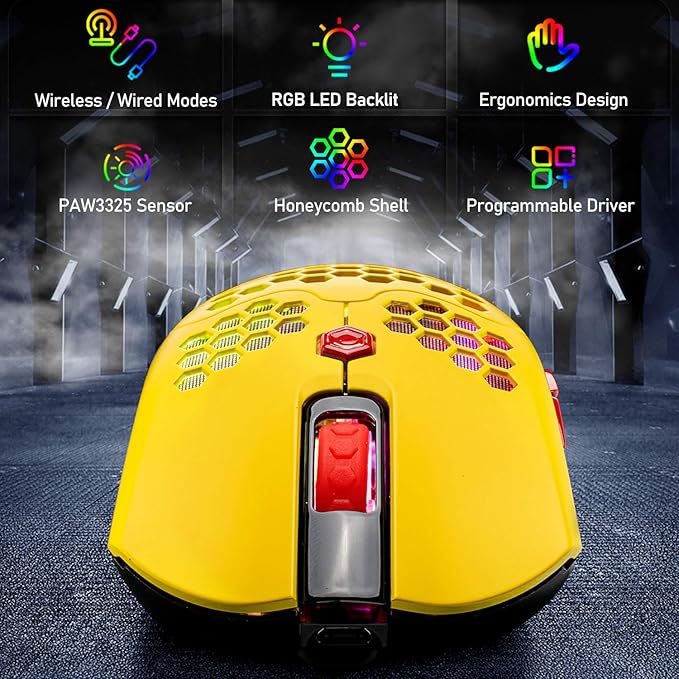 Wireless Gaming Mouse,16 RGB Backlit Ultralight Wireless/Wired Mice with Programmable Driver,Rechargeable 800mA Battery,Pixart 3325 12000 DPI,Lightweight Honeycomb Shell for PC Gamers (Yellow)