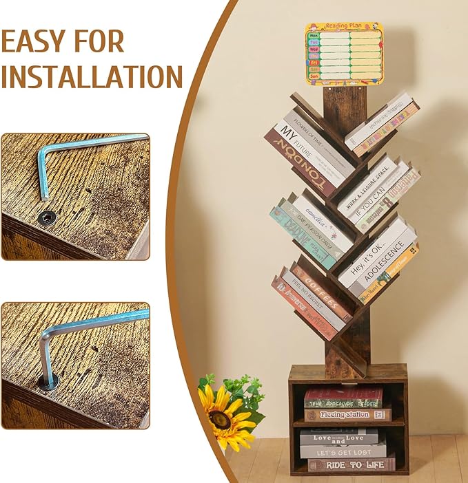 7 Tier Tree Book shelf, Small Bookcase with Reading Planner and Activity Panel, Modern Floor Standing Corner Tall Narrow Storage Cabinet Bookshelves for Home Office Bedroom Living Room (Rustic Brown)