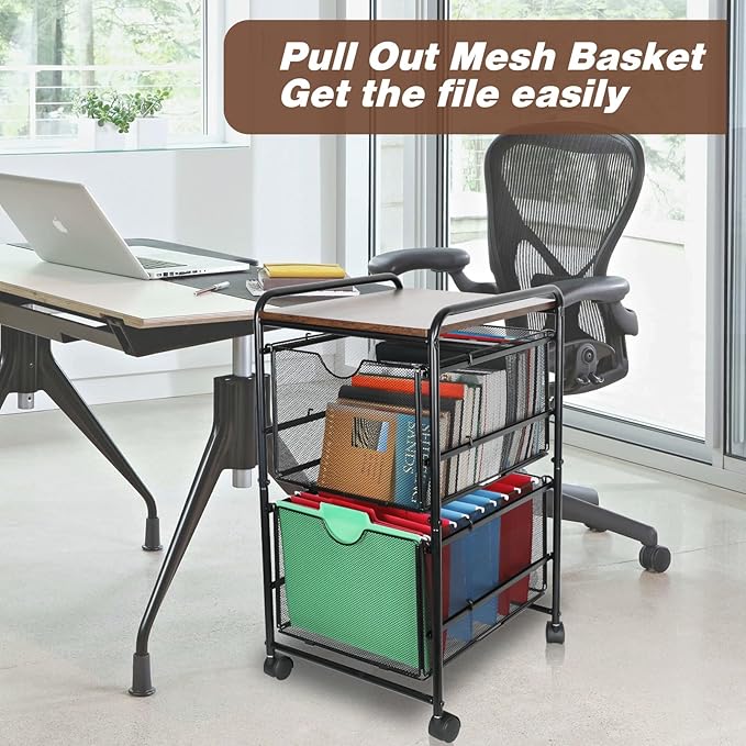 EasyPAG Rolling File Cart with 2 Drawers, Under Desk File Cabinet on Lockable Wheels, Hanging Folder Organizer with Wooden Printer Stand for Home Office