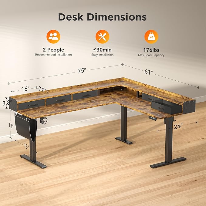 WALKINGDESK 75 Inches Height Adjustable L Shaped Standing Desk with 5 Drawers and Monitor Shelf, Electric Sit to Stand Home Office Comupter Table, Ergonomic Corner Gaming Desk, Rustic Brown