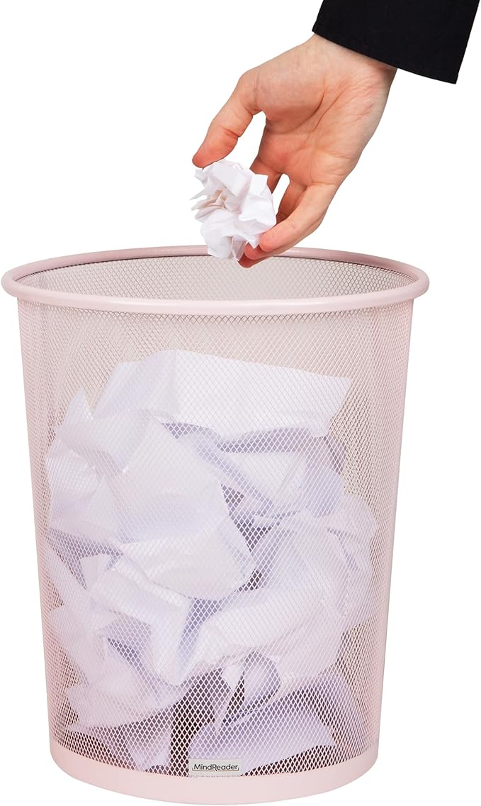 Mind Reader Mesh Trash Can, 16.65L (4.4 gal), Waste Paper Basket, Round, Office, Metal Mesh, Pink