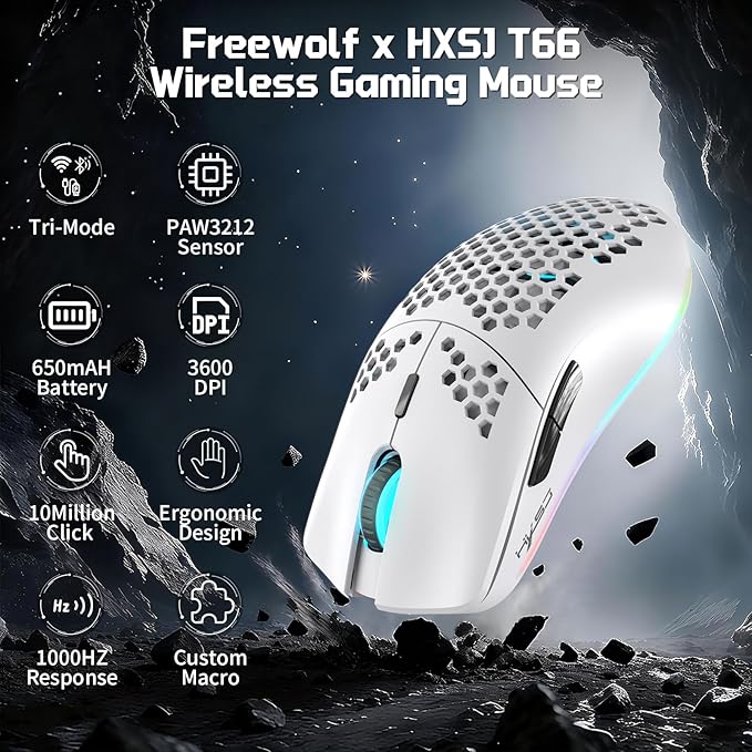 FREEWOLF X HXSJ T66 Wireless Gaming Mouse Tri-Mode Superlight Honeycomb Design PAW3212 3600DPI Sensor 1000Hz Polling Rate Bluetooth/2.4Ghz/Wired Ergonomic PC Mice RGB Light Programmable Buttons-White