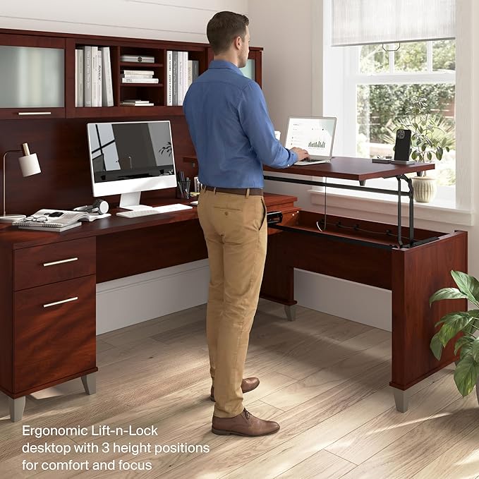 Bush Home Somerset 72W 3 Position Sit to Stand L Shaped Desk with Hutch in Hansen Cherry | Adjustable Height Table for Home Office