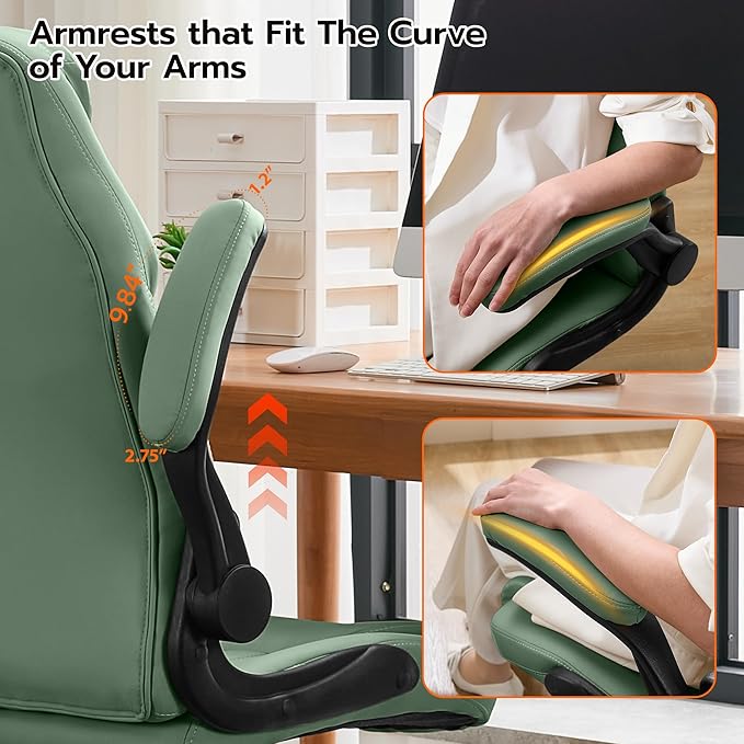 Office Desk Chair, Ergonomic Computer Chair with Padded Flip-Up Arms and Adjustable Lumbar Support, PU Leather Executive Chair with Tilt Lock and 360° Swivel Rolling Wheels for Work, Study