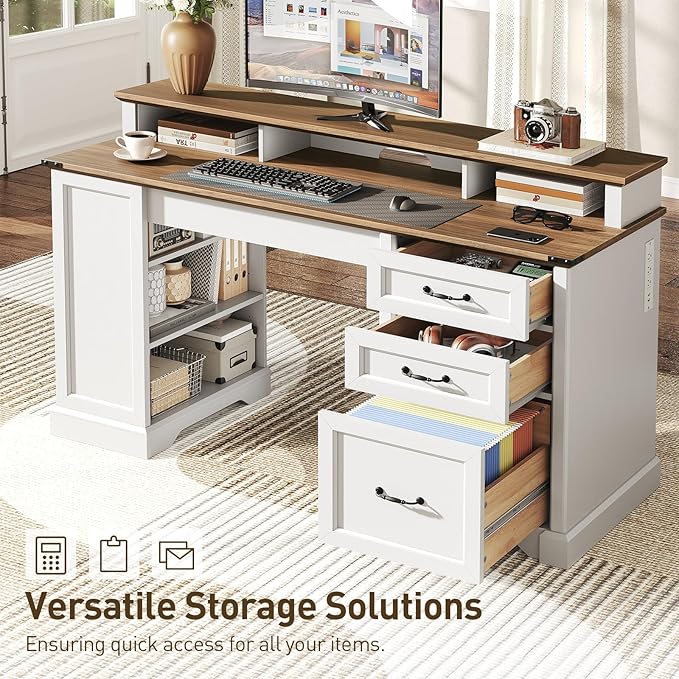 RALGEND 2 Pack 55'' Farmhouse Executive Desk with Drawers, Computer Desk with File Cabinet and Side Bookshelf, Writing Gaming Desk with Monitor Stand, White and Walnut