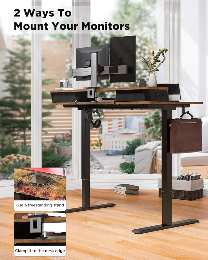 FiCiHi 35x20 Inch Standing Desk with Drawers, C-Clamp Mount Compatible, Electric Adjustable Height Computer Small Stand Up Desks, Home Office Sit Stand Table with 3 Preset Heights, Rustic Brown