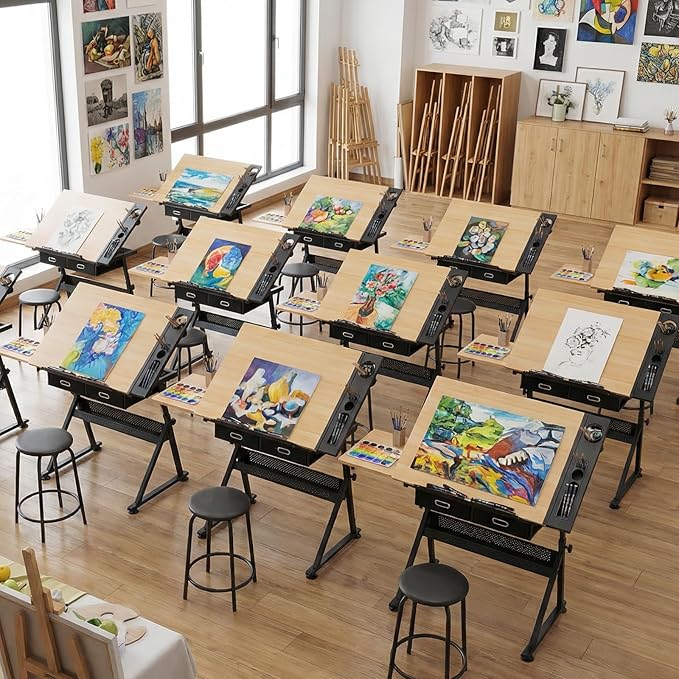 Magshion Professional Drafting Table for Adults w/Stool, Tilting Wooden Tabletop & Adjustable Height, Art Craft Desk Watercolor Painting Sketching Work Station for Studio Home Office School (Natural)