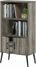 Furinno MIDCENTURY Storage Shelves, Mid-Century Style Accent Storage Cabinet with Doors and Shelves, Bookshelf with Legs, for Living Room, Home Office, Grey Oak