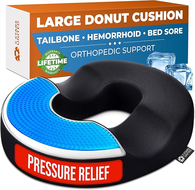 5 STARS UNITED Donut Pillow Hemorrhoid Tailbone Cushion – Large Cushion for Pain Relief – Coccyx, Prostate, Sciatica, Pelvic Floor, Pressure Sores, Pregnancy, Postpartum Recovery, Arctic Black