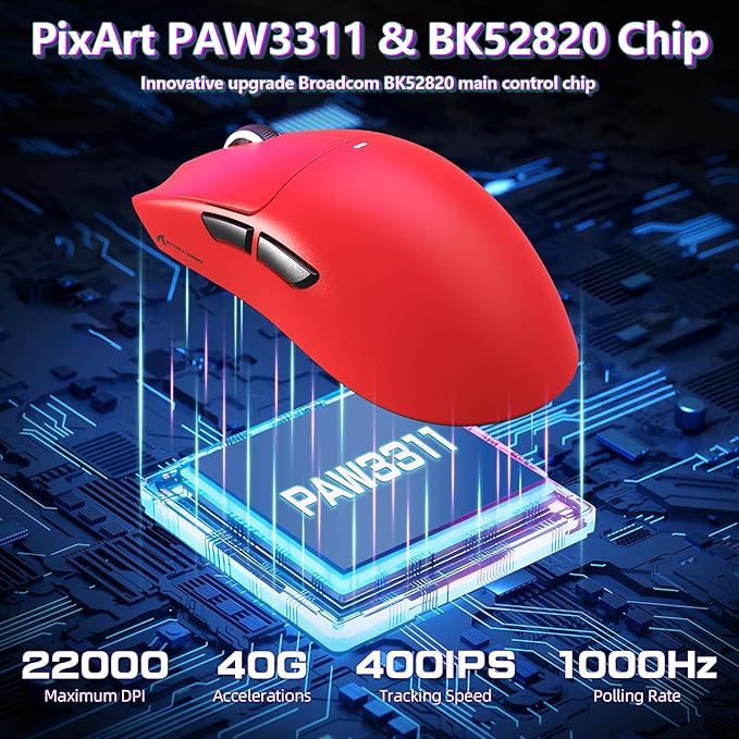 MAMBASNAKE Attack Shark X11SE Lightweight Wireless Gaming Mouse, Tri-Mode 2.4G/USB-C Wired/BT, 22K DPI, PAW3311 Optical Sensor, 59g, 5 Programmable Buttons, 300mAh Battery for PC/Mac(Red)