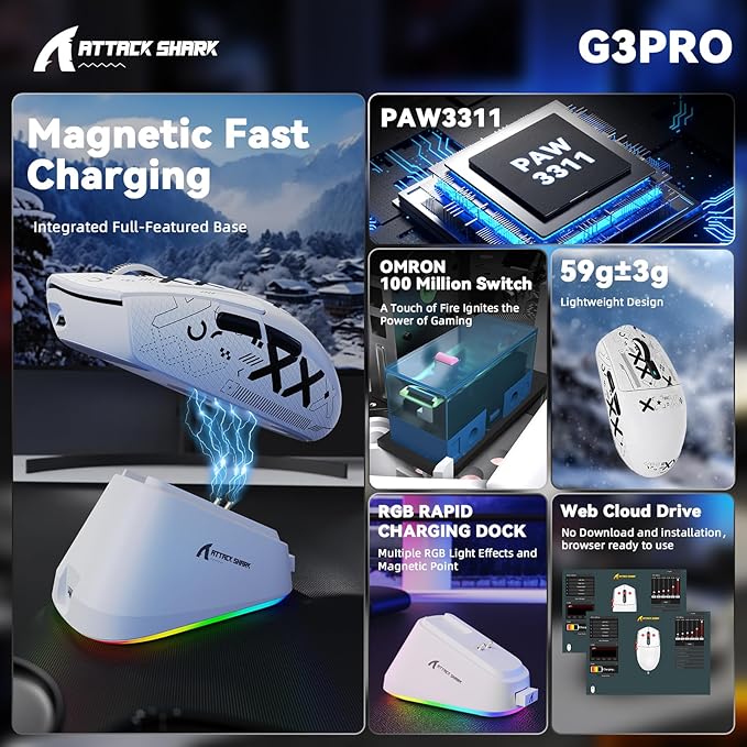 MAMBASNAKE ATTACK SHARK G3PRO Wireless Gaming Mouse with RGB Magnetic Charging Dock,Tri-Mode-2.4G/USB-C Wired/BT, 25K DPI,PAW3311 Optical Sensor,59g Ultra Lightweight,Slip Grip Tape for PC/Mac(White)