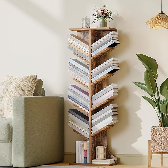 Hzuaneri Tree Bookshelf, 11 Tier Narrow Bookcase, Display Shelf, Book Organizer, Small Floor Standing Book Shelf for Bedroom, Living Room, Home Office, Rustic Brown BC01601X