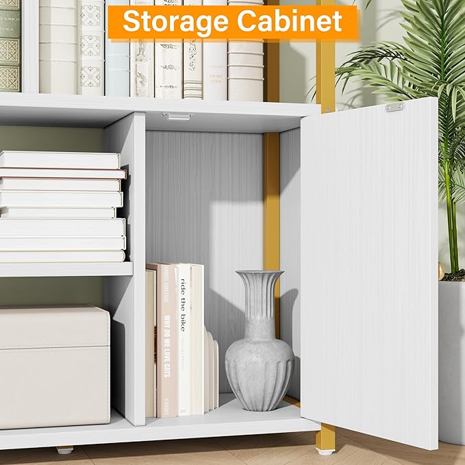 Jehiatek 71" Arc Gold Bookshelf with Storage Cabinet, Tall 6 Tiers Industrial Bookcase with Sturdy Metal Frame, Geometric Book Shelf for Lving Room, Home Office, Gold and White