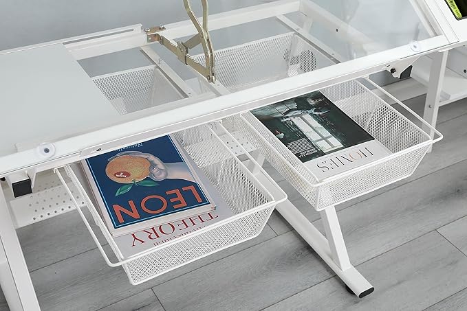 Glass Drafting Table Art Desk – Adjustable Professhional Artwork Drawing Drafting Table Desk, Glass-Topped Art Table for Craft Station Studio Home Office School w/Drawers (White)