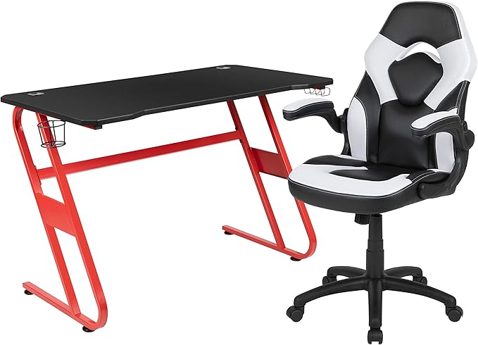 Flash Furniture Red Gaming Desk and White/Black Racing Chair Set with Cup Holder and Headphone Hook
