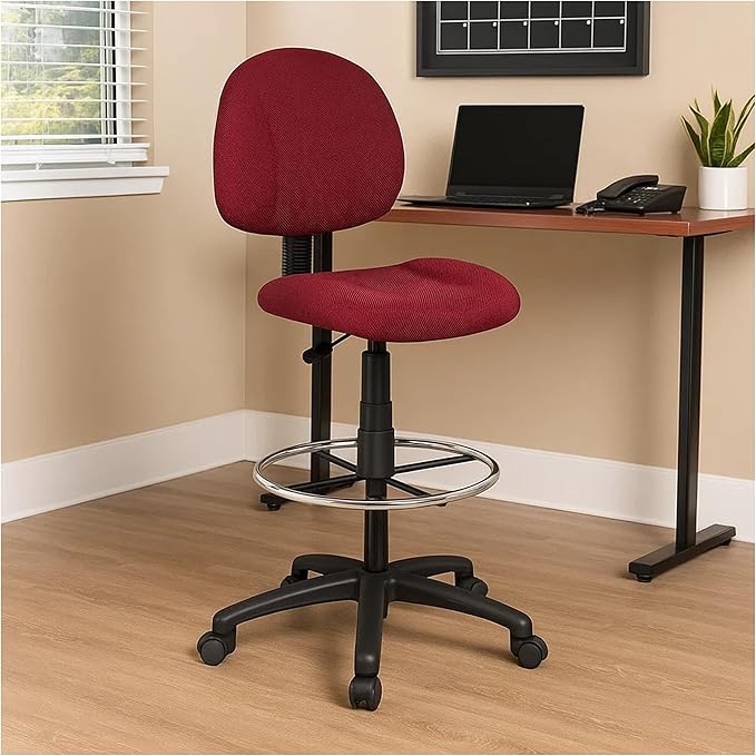 Benzara Jea Drafting Stool Chair, Burgundy Red Tweed, Contoured Back and Footring