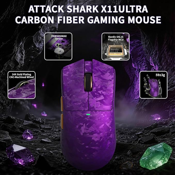 ATTACK SHARK X11 Ultra 8K Carbon Fiber Wireless Gaming Mouse,Nordic 54L15 MCU,PAW3950MAX Sensor,59g Superlight,42000 DPI,BT/2.4Ghz/Wired Mouse with 100 Million Clicks,Programmable for Pc/Mac,Purple