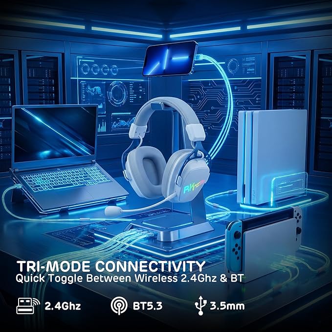 RK ROYAL KLUDGE HG103 Wireless Gaming Headset for PS5/4, Xbox, PC, Switch, BT5.3/2.4G/3.5mm Wired RGB Over Ear Headphones with Noise Canceling Mic, 50mm Drivers, 7.1 Surround Sound for FPS Game