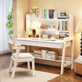 Kids Desk and Chair Set Wooden Children's Learning Table and Chair with Hutch and Two Drawers Children Study＆Writing＆Computer＆Workstation Desk for 3 and Above(White