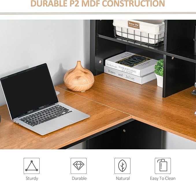 HOMCOM L Shaped Computer Desk with Hutch, 59" Corner Desk, Space Saving Home Office Desk with Storage Shelves, Drawer and Cabinet, Black
