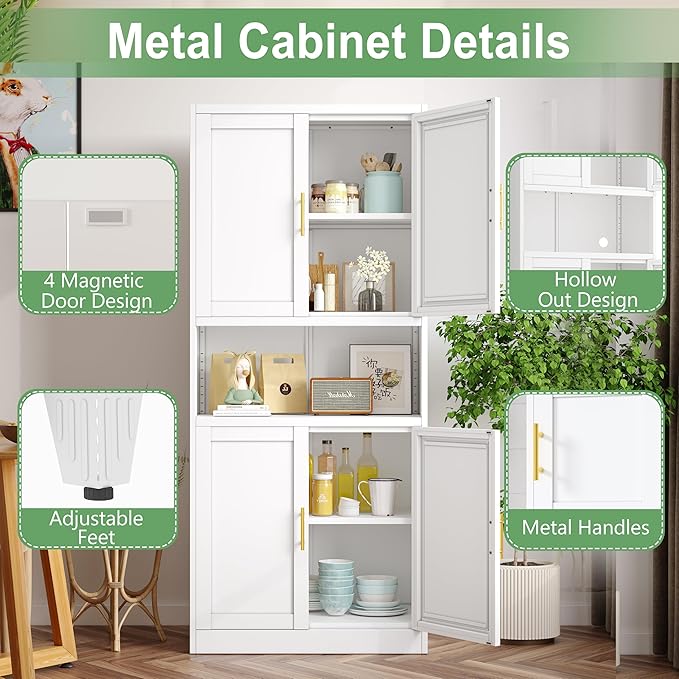 Ckzbx Pantry Cabinet 61" H Metal Kitchen Cabinet with 4 Doors, Bathroom Cabinets, 2 Adjustable Shelves for Kitchen, Home Office, Living Room, Dinning Room (White)