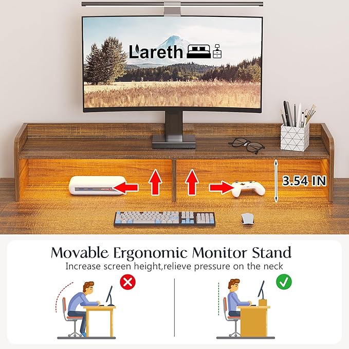 Lareth L Shaped Desk with Monitor Stand Farmhouse Computer Desk with LED Lights, Executive L Corner Desk with Power Outlets, Home Office Desk with Storage File Drawers for Home Working Gaming, Walnut