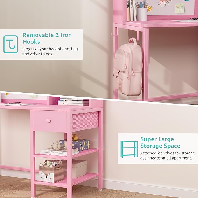 BOLUO Pink Kids Desk and Chair Set for 6-12 Year Old, Children Study Desk with Hutch and Storage Shelf, Student Writing Table with Fabric Drawer for Girls Boys