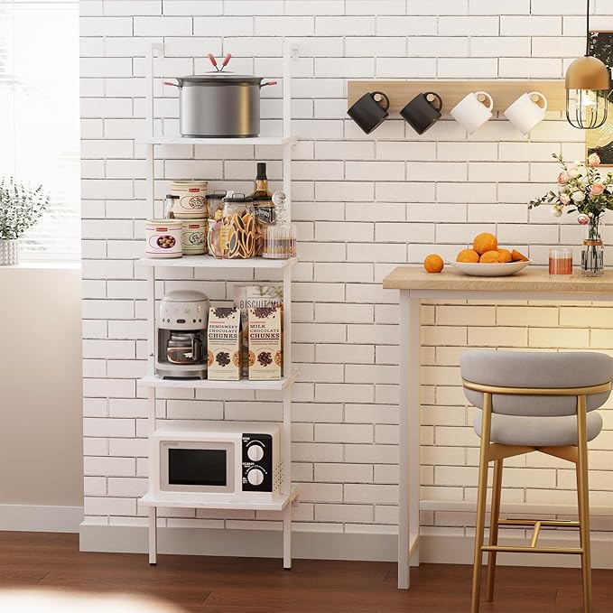 Wolawu Ladder Shelf 4 Tiers Metal Industrial Bookshelf,White Wooden Tall Open Storage Rack and Display Shelves,Wall Mount Wide Bookcase for Home Office Bedroom,Small