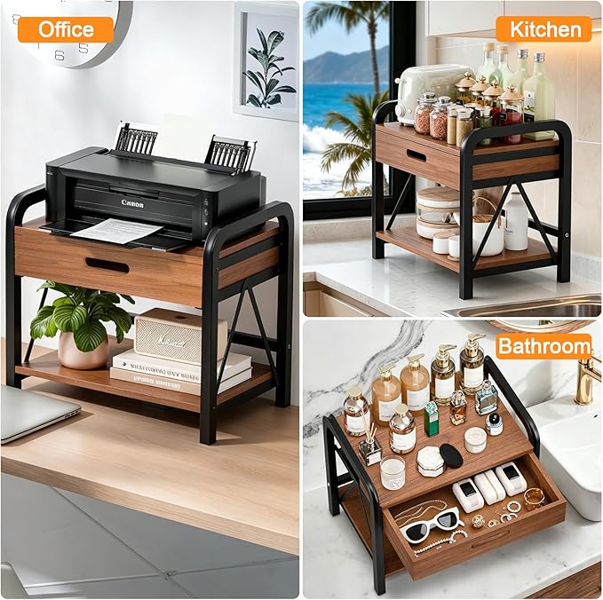 Printer Stand with Storage for Desk, 2 Tier Desktop Printer Table Shelf for Home Office with Wooden Storage Drawer, Multi-Purpose Desk Organizer for Fax Machine, Scanner