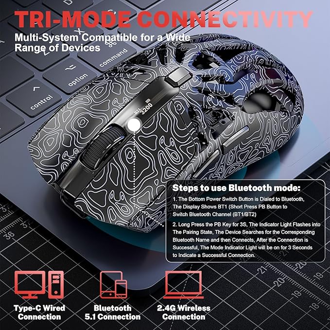 RGB Magnetic Charging Dock Gaming Mouse, 12K DPI, PAW3311 Sensor, Tri-Mode Wireless, 6 Programmable Buttons, Ultra-Light 72g for PC/Mac (Black)