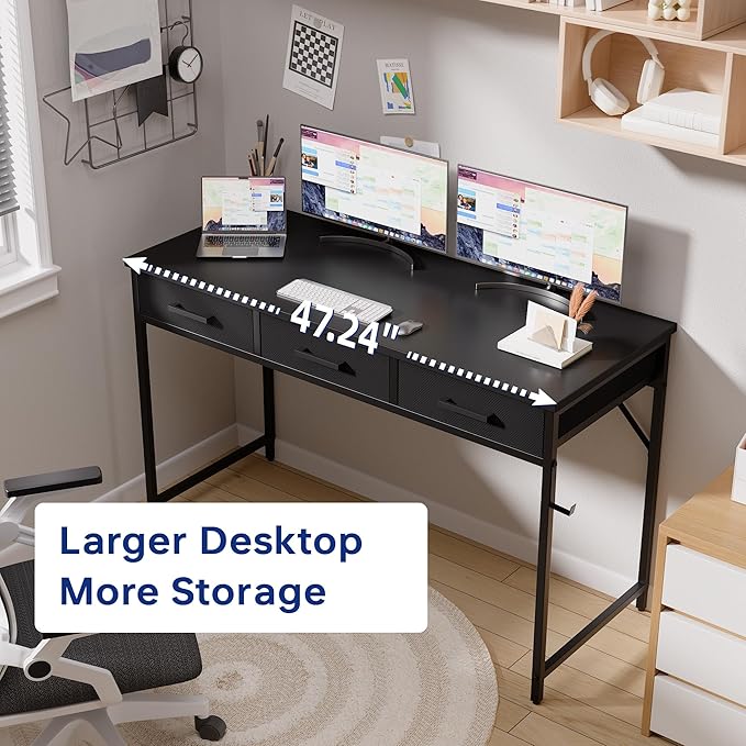 Pamray 47 Inch Small Computer Desk with 3 Drawers for Bedroom Study Writing Home Office Table for Small Spaces Orange
