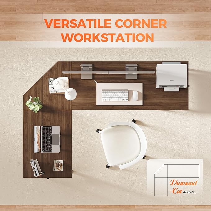 Mericonia 50 inch Large L Shaped Desk, Simple Corner Gaming Desk with CPU Stand & Hooks, Computer Desk for Home, Bedroom & Office Workspace, Walnut