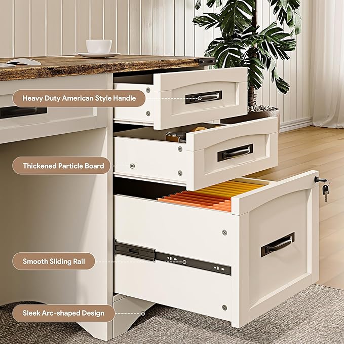 Decofy Farmhouse Executive Desk with Drawers, 55" Home Office Desks with Fast Charging Station, Lockable File Cabinet, Wood Writing Computer Desk for Work, Study, White