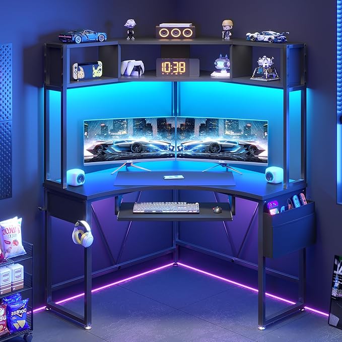 SEDETA Corner Desk, Small Computer Desk with Hutch & LED Lights, Triangle Corner Gaming Computer Desk with Keyboard Tray, Storage Bag, and Headphone Hook for Small Space, Home Office Desk, Black