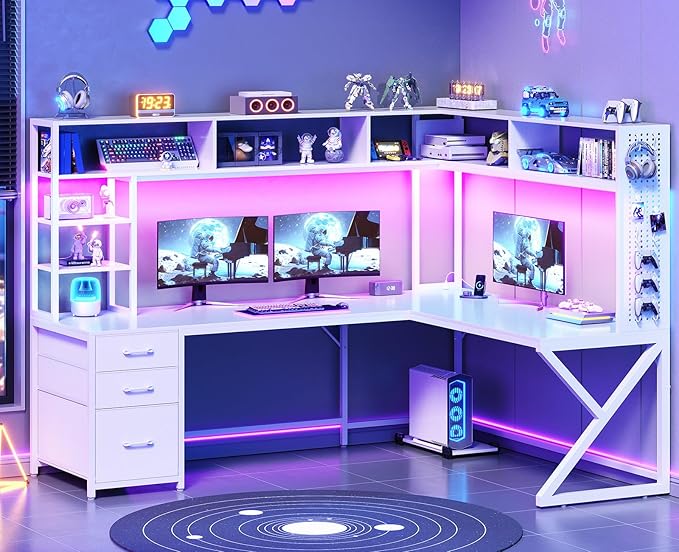 SEDETA Corner Computer Desk, Convertible 94.5" Gaming Desk with Storage Drawers, Hutch and Pegboard, L Shaped Office Desk with Power Outlet, LED Lights for Home Office, White