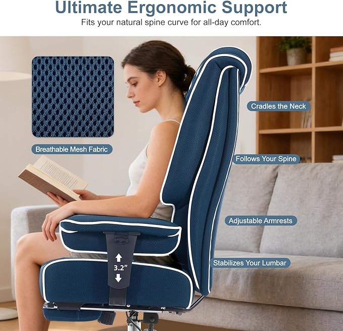 EXCEBET Big and Tall Office Chair 400lbs Wide Seat, Leather High Back Executive Office Chair with Lumbar Support, Ergonomic Chairs Padded Armrests & Thick Cushion (Mesh Blue)