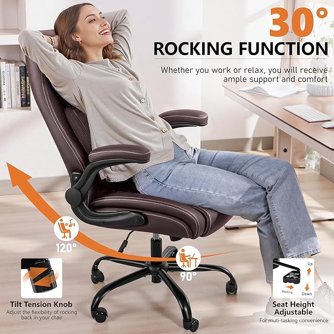 BESTFAIR Office Chair, Executive Computer Desk Chair with Lumbar Support for Lower Back Pain Relief, Ergonomic Leather Home Chair Comfy with Padded Flip-up Arms and Adjustable Armrests, Coffee