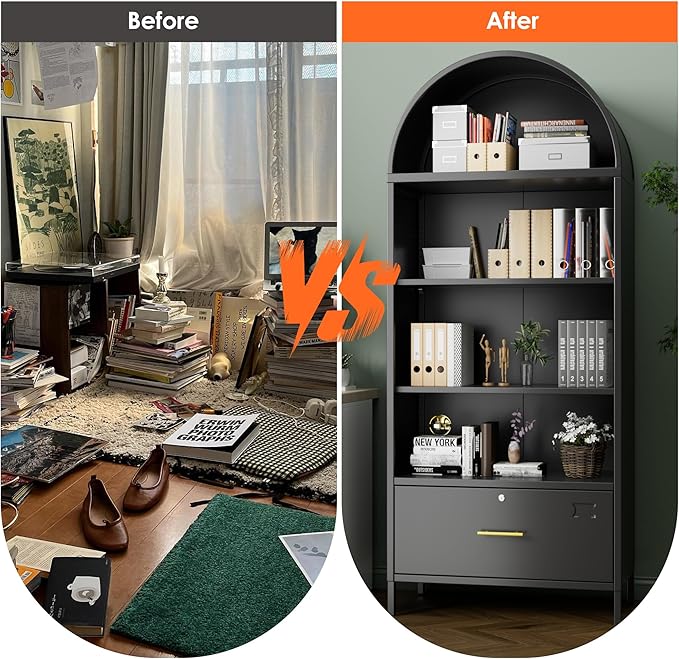 Aobabo 72.8" H Metal Arched Bookcase with 2 Adjustable Shelves and 1 File Drawer for Home Office, Black,Required Assembled