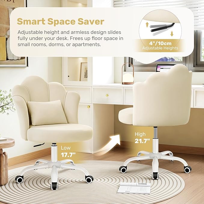 BestGlory Petal Vanity Chair with Wheels, 3.15" Extra Thick Comfy Makeup Chair, Adjustable Modern Swivel Armless Desk Chair for Girls Women, Aesthetic Small Office Chair for Bedroom Dorm