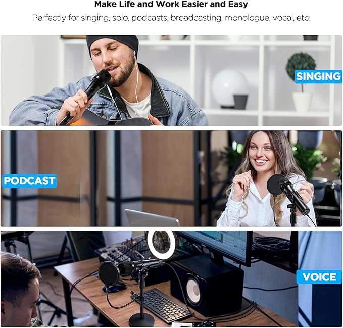 Xlr Usb Dynamic Microphone for Singing Recording, Metal Dynamic Studio Singing Recording Microphone with Mic Gain, Desktop Stand, Pop Filter, Headphone Jack, for PC, Audio Interface, Mixer, Mac