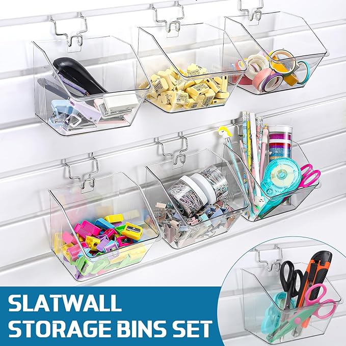 Layhit 6 Set Slatwall Bins Plastic Bins with Metal Hooks Mount Hanging Slatwall Containers Storage Organizer Slat Wall Accessories for Craft Garage Tool Storage Room Panel(Clear)