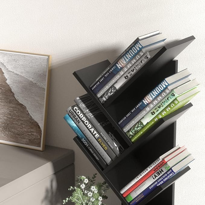 SHEEPAM 5 Tier Tree Book Shelf, Small Desktop Bookshelf with Storage Organizer, Wood Bookcase, Desk Display Bookshelves, Floor Standing Organizer Bookcases for Living Room,Bedroom,Office-Black