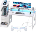 DUMOS L Shaped Gaming Desk with Shelves Storage Drawers 52'', White Computer Desks with LED Lights Power Outlets, Office Wood Table with PC Stand Cable Management for Bedroom Dual Monitor Streaming