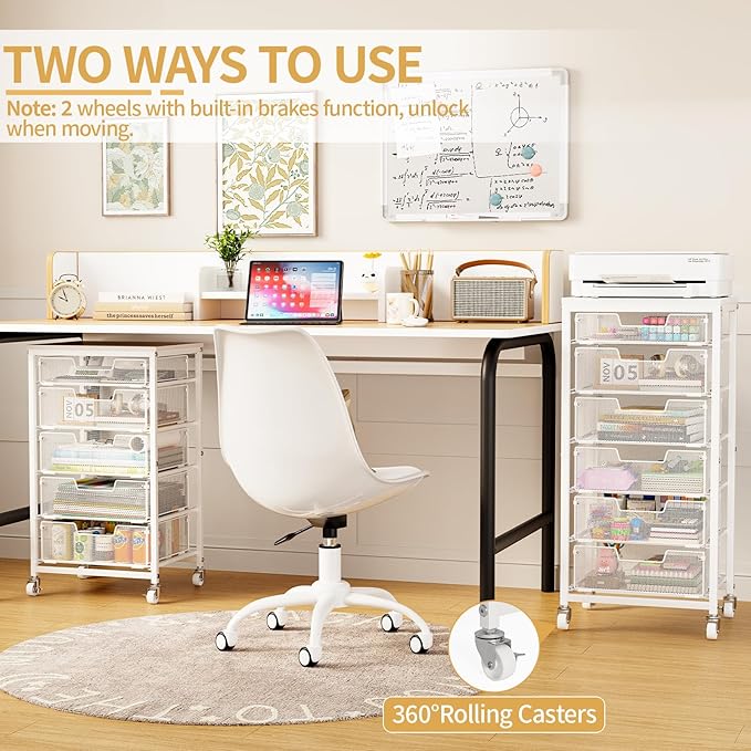 Sbanmao 6 Drawers Rolling Utility Cart, Rolling Storage Cart with Wooden Tabletop, Storage Drawer Cart on Lockable Wheels, Craft Cart for Bedroom, Classroom, Office, White