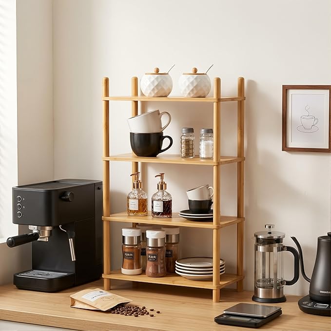 4-Tier Expandable Bamboo Desktop Organizer Shelf Kitchen Cabinet and Counter Riser Display Shelf for Top of Desk Home Office Bathroom Coffee Table Display Stand (1, Natural, 4-Tier)
