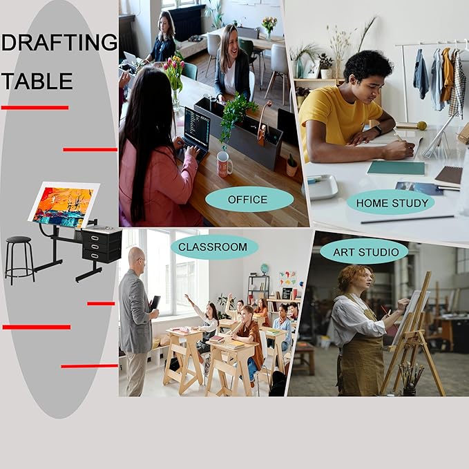 Drafting Table, Tilting Tabletop Artist Desk w/3 Storage Drawers & Stool, Craft Drawing Table for Painting, Sketching, Home Office, Art Studio, Classrooms (White+Black)