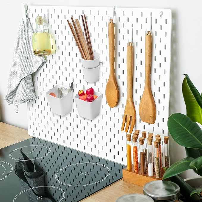 Jinei 12 Pcs Pegboard Bins and Cups with Hooks and Loops Peg Assortment Organizer Accessories Various Tool Organizer Pegboard Basket Set for Garage Workshop Workbench Office(White)