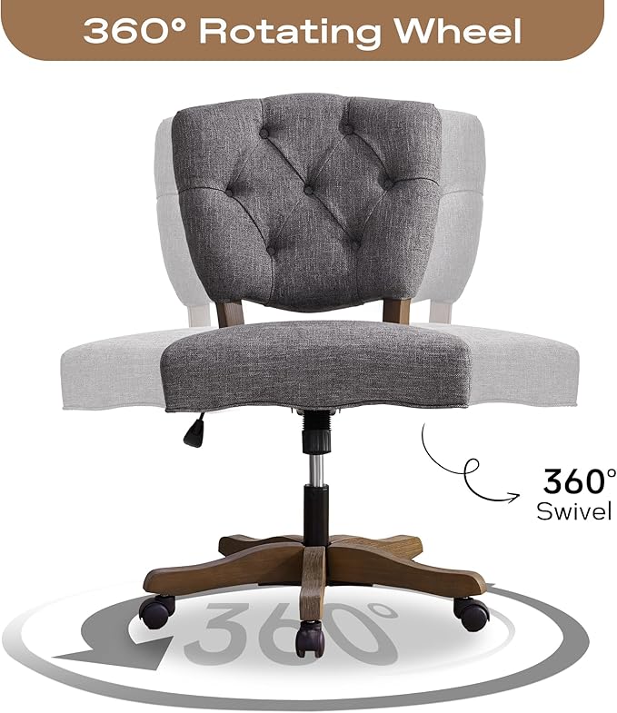 HUIMO Upholstered Swivel Desk Chair Chenille Tufted Fabric Home Office Chair with Wheels Adjustable Height Classic Task Chair with Wooden Legs Comfortable Armless Chair for Studio Study (Grey)