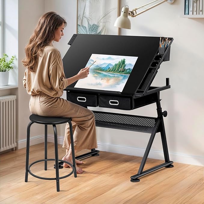 Drafting Table Drawing Desk w/Power Outlet, Art&Craft Work Station Height Adjustable Tilting Tabletop Craft Table Desk w/Stool and 2 Storage Drawers for Home Office, Black